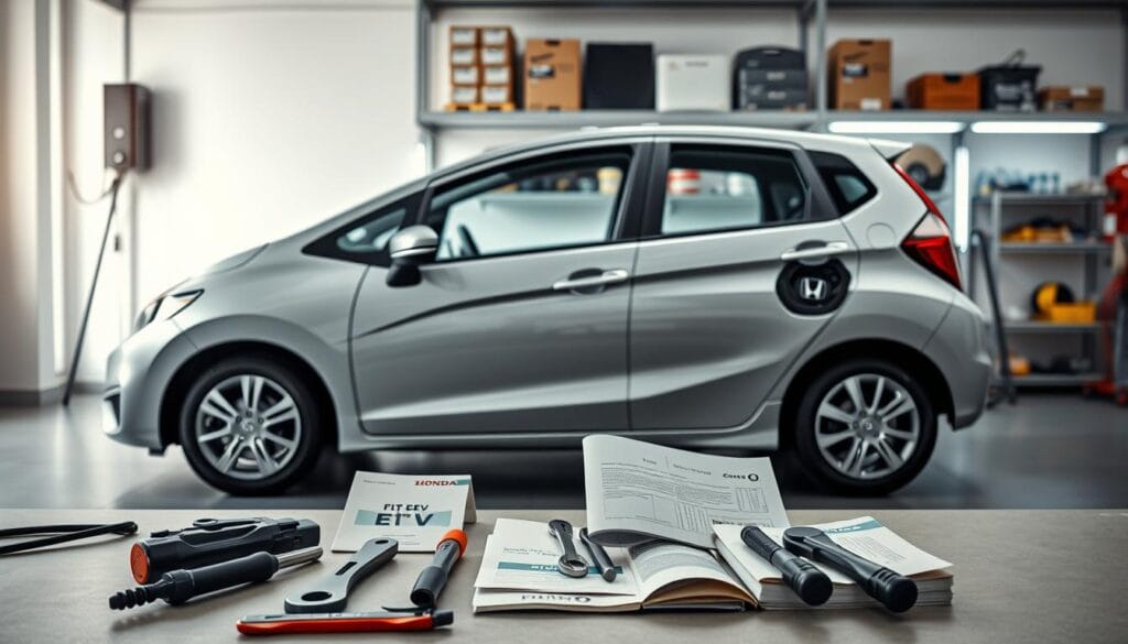 A neatly organized Honda Fit EV charging station in a well-lit, modern garage. The electric vehicle is parked alongside, its sleek, compact silhouette bathed in soft, diffused lighting. In the foreground, a set of tools and manuals are carefully arranged, hinting at the meticulous maintenance rituals of the owner. The middle ground showcases the Fit EV's interior, with its intuitive dashboard controls and comfortable, ergonomic seats. In the background, shelves display a range of replacement parts and accessories, conveying a sense of the owner's dedication to keeping their electric hatchback in pristine condition. The overall atmosphere is one of quiet efficiency and pride of ownership.