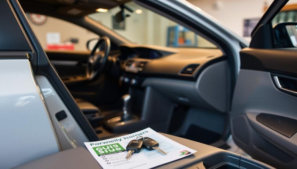 A neatly parked Honda Accord Sport in a well-lit garage, with the driver's side door open and the steering wheel visible. The interior is clean and organized, with the gear shift in the neutral position. In the foreground, a set of car keys and a fuel-efficiency pamphlet are placed on the center console, suggesting the owner's focus on maximizing the vehicle's fuel economy. The lighting is warm and inviting, creating a sense of a thoughtful, eco-conscious driving experience. The background is slightly blurred, emphasizing the car and the fuel-saving techniques as the central focus.