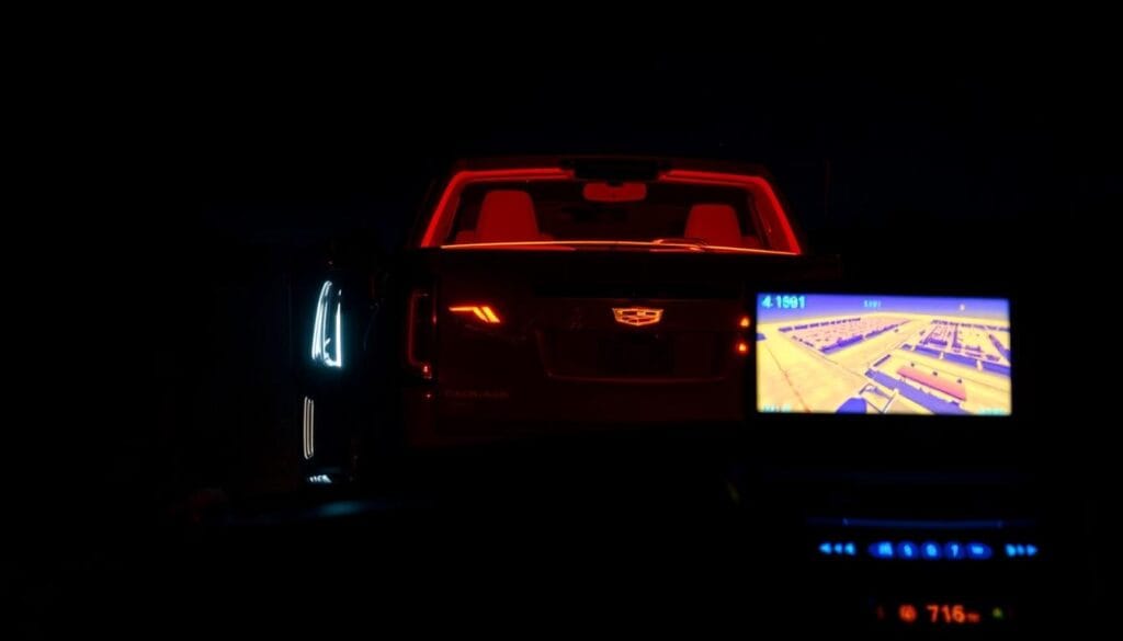 A nighttime scene of a Cadillac Escalade with its cutting-edge night vision technology in action. The vehicle is parked on a dark country road, its headlights piercing the inky blackness. The Escalade's advanced thermal imaging camera system displays a crisp, high-contrast view of the surrounding landscape on the dashboard display, revealing hidden details and potential hazards that would be invisible to the naked eye. The image has a moody, atmospheric quality, with subtle ambient lighting illuminating the Escalade's bold, angular silhouette against the deep, starry sky.