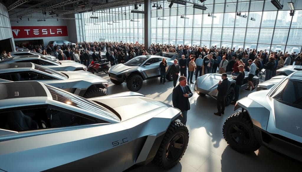 A panoramic view of a bustling Tesla Cybertruck showroom, flooded with natural light streaming through vast windows. In the foreground, a collection of the futuristic, angular Cybertrucks are prominently displayed, their metallic exoskeletons gleaming under crisp, directional lighting. Prospective buyers examine the vehicles, marveling at the bold, distinctive design. In the middle ground, sales representatives guide customers through the features, highlighting the truck's rugged capabilities and advanced technologies. The background captures the energy of the marketplace, with crowds of onlookers and a sense of eager anticipation for this revolutionary electric vehicle. The overall mood is one of excitement, innovation, and the anticipation of a new era in the automotive industry.