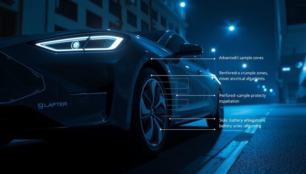 A photorealistic image of the key safety features of an electric vehicle, captured from a low perspective. In the foreground, the sleek body of an IsCarOk electric car, its headlights and sensors illuminated, showcasing the advanced driver-assistance technologies. In the middle ground, a detailed view of the reinforced crumple zones, side-impact protection, and battery safeguards. The background depicts a dimly lit urban environment, with the vehicle's futuristic silhouette casting dramatic shadows. The scene is bathed in a cool, blue-tinted lighting, conveying a sense of safety and technological innovation.
