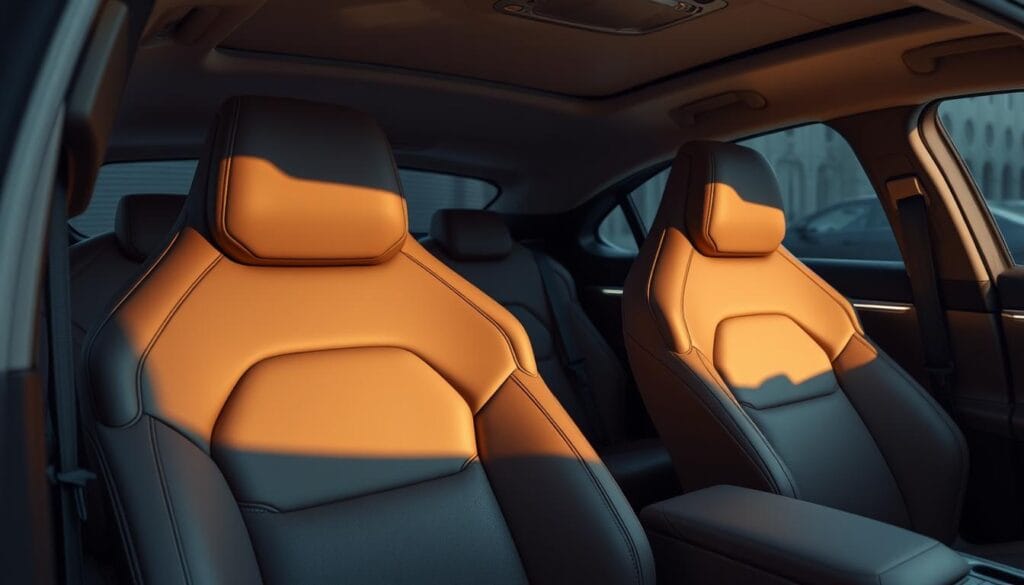 A plush, premium leather interior in the NIO ET5 electric sedan, with ergonomically designed seats that cradle the occupant in luxurious comfort. Soft, supple cushions and backrest provide excellent support, while the sculptural seatbacks add a touch of elegant design. Subtle ambient lighting casts a warm, soothing glow, creating a serene, high-end ambiance. The seats are positioned in a slightly elevated position, offering a commanding view of the road ahead. Intricate contrast stitching and brushed metal accents elevate the cabin's premium feel. The overall scene conveys a sense of sophisticated comfort and relaxation within the spacious, well-appointed interior of the NIO ET5.