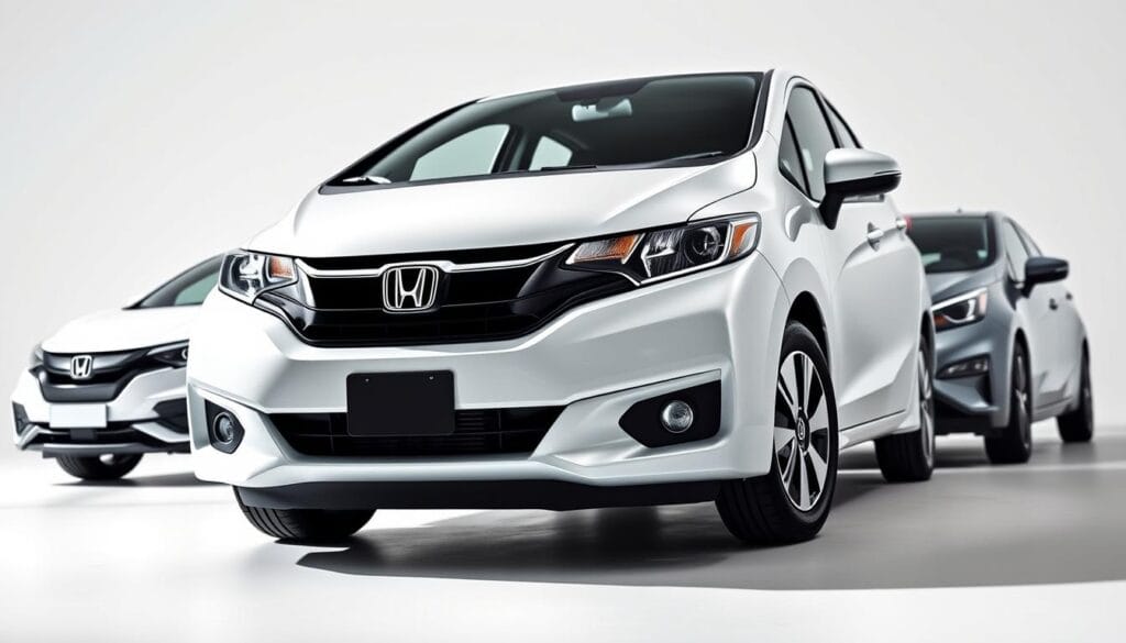 A pristine Honda Fit EV, its sleek silhouette gleaming under crisp studio lighting, positioned alongside a trio of prominent electric vehicle models. The Fit EV takes center stage, its efficient powertrain and aerodynamic design highlighted in sharp contrast. In the background, a minimalist white backdrop allows the vehicles to command attention, their unique features and capabilities inviting comparison. The scene is captured from a low, dynamic angle, emphasizing the cars' presence and commanding presence. An air of innovation and technological advancement permeates the composition, setting the stage for an insightful exploration of the Honda Fit EV's position within the evolving electric vehicle landscape.