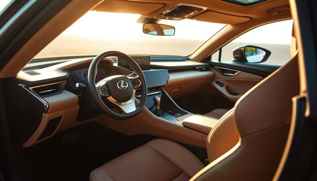 A pristine Lexus RZ 450e interior, bathed in warm, natural lighting that highlights the exquisite craftsmanship. The sleek, minimalist dashboard features a seamless, high-resolution digital display. Swathes of supple, perforated leather and soft-touch materials adorn the steering wheel, door panels, and center console, conveying a sense of luxury and refinement. The seats are generously bolstered, providing exceptional comfort and support. The overall design radiates a harmonious blend of technological sophistication and timeless elegance, suggesting a durable, high-quality cabin that will withstand the test of time.