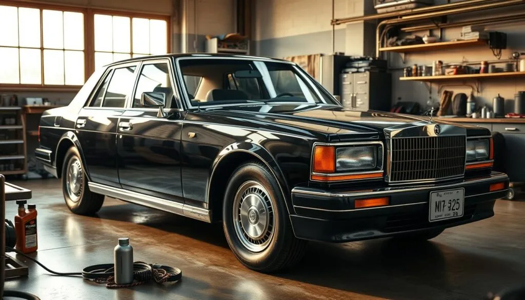 A pristine Toyota Century sedan in a meticulously maintained workshop, bathed in warm, natural light from large windows. The car's immaculate black exterior gleams, highlighting the intricate chrome detailing and the handcrafted quality of its construction. On a nearby workbench, specialized tools and lubricants suggest an expert technician's careful attention to preserving the vehicle's legendary reliability and longevity. The serene, focused atmosphere conveys the dedication required to maintain such an exceptional, one-of-a-kind luxury automobile.