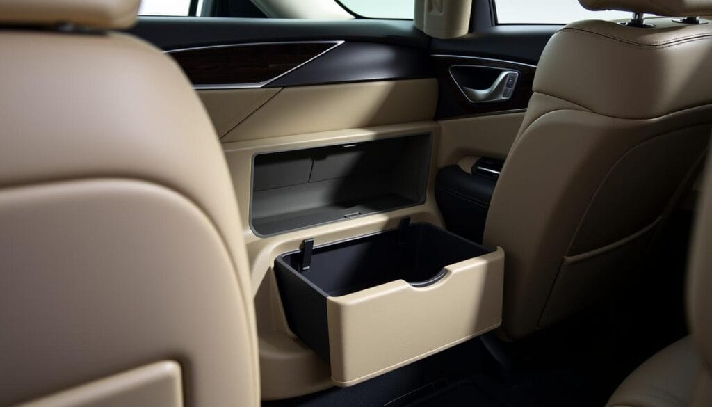 A pristine, well-lit interior of an Infiniti Q50 Red Sport, showcasing its practical storage solutions. The brushed aluminum trim and soft leather upholstery create a luxurious ambiance. The center console storage bin, glove compartment, and door pockets are prominently featured, demonstrating the thoughtful design and ample space for everyday items. The image is captured from a slightly elevated angle, allowing for a comprehensive view of the Q50's impressive interior storage capabilities. Subtle backlighting enhances the premium feel, while the absence of distracting elements ensures the focus remains on the functional yet stylish storage features.