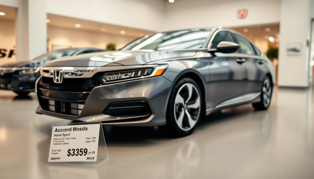 A pristine, well-lit showroom interior with a sleek, metallic grey 2024 Honda Accord Sport model prominently displayed. The vehicle's contours are sharply defined, showcasing its dynamic styling. In the foreground, a pricing label stands out, detailing the trim-specific MSRP and available options. The background is subtly blurred, allowing the car to be the focal point, emphasizing its premium appeal. Soft, neutral tones create a sophisticated ambiance, conveying the Accord Sport's position as a modern, high-value midsize sedan.