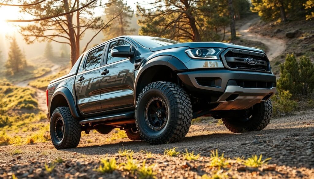 A rugged Ford Ranger Raptor, its exterior adorned with aftermarket enhancements, sits in a picturesque off-road setting. The truck's muscular frame is accentuated by bold graphics, oversized tires, and a lifted suspension that hints at its impressive off-road capabilities. Sunlight filters through the trees, casting a warm glow on the vehicle's metallic finish. In the background, a winding trail beckons, inviting the driver to explore the untamed wilderness. The scene captures the fusion of power, style, and adventure that epitomizes the customized Ranger Raptor experience. A rugged Ford Ranger Raptor, its exterior adorned with aftermarket enhancements, sits in a picturesque off-road setting. The truck's muscular frame is accentuated by bold graphics, oversized tires, and a lifted suspension that hints at its impressive off-road capabilities. Sunlight filters through the trees, casting a warm glow on the vehicle's metallic finish. In the background, a winding trail beckons, inviting the driver to explore the untamed wilderness. The scene captures the fusion of power, style, and adventure that epitomizes the customized Ranger Raptor experience.