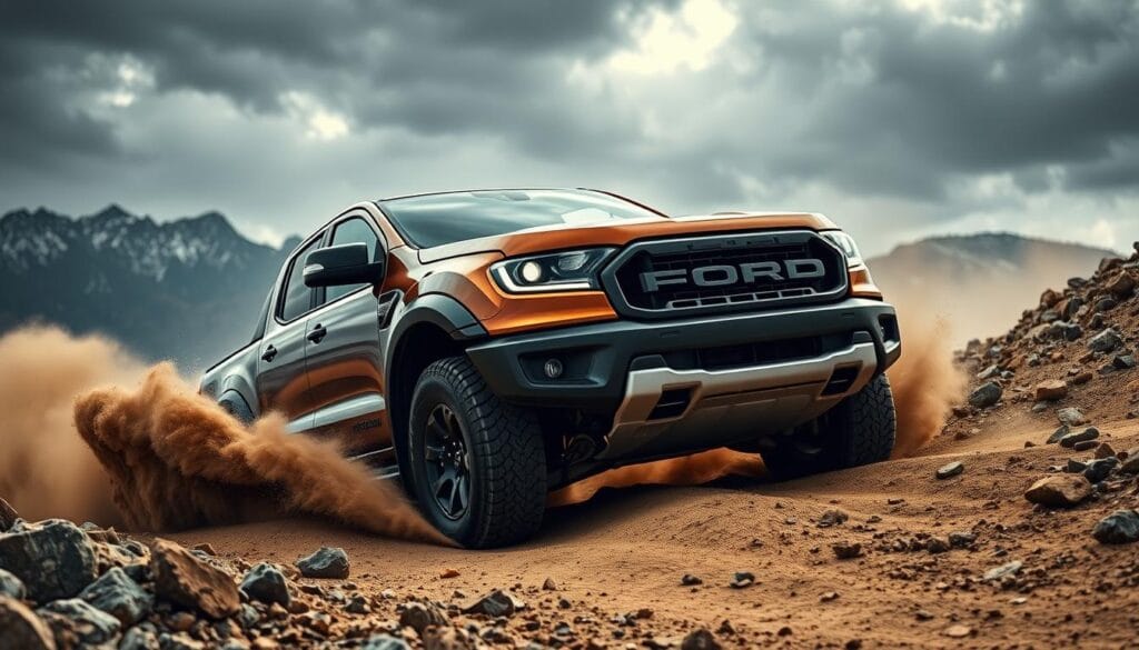 A rugged Ford Ranger Raptor navigating a challenging off-road terrain, kicking up clouds of dust as it conquers steep inclines and rocky obstacles. The powerful pickup's muscular frame and aggressive front grille are highlighted by dramatic side lighting, casting dramatic shadows across the surface. The scene is set against a backdrop of majestic mountains and a moody, overcast sky, emphasizing the Raptor's capability to tackle the most demanding outdoor environments. The camera is positioned low, capturing the Raptor's imposing stance and conveying a sense of unstoppable power and performance.