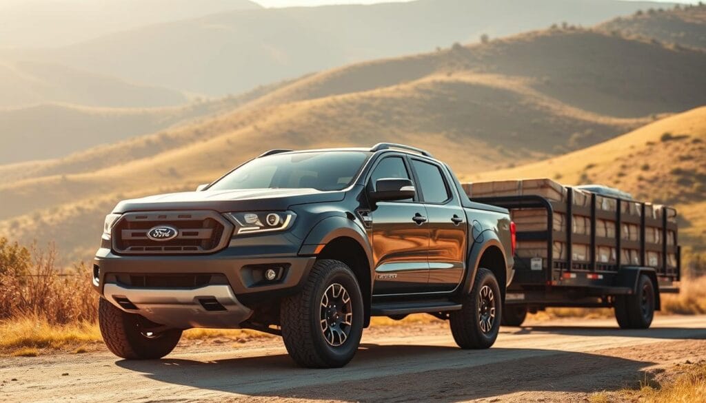 A rugged Ford Ranger Raptor pickup truck with a prominent front grille and distinctive fender flares, towing a heavy-duty trailer loaded with cargo. The scene is set against a picturesque, sun-dappled landscape with rolling hills and lush vegetation in the background. The lighting is natural, with warm golden tones illuminating the scene. The camera angle is low, emphasizing the power and capability of the Ranger Raptor as it effortlessly handles the towing task. The overall mood conveys the vehicle's impressive towing capacity and payload, essential for the "Towing Capacity and Payload" section of the article.