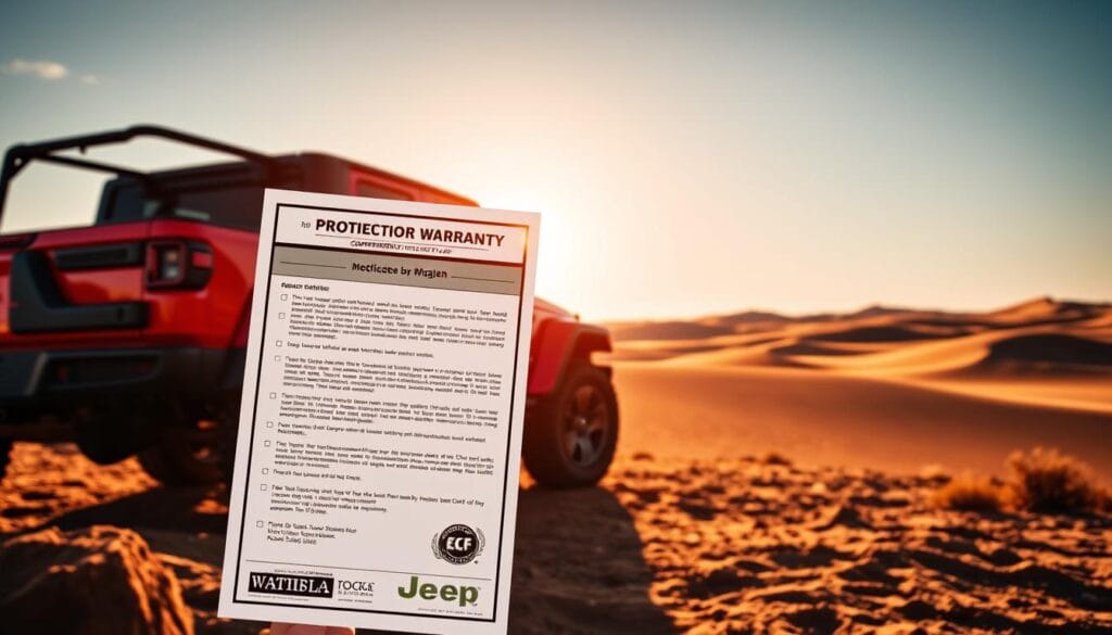 A rugged Jeep Gladiator Mojave in the foreground, its muscular silhouette bathed in warm, golden sunlight. The middle ground features a meticulously detailed warranty document, showcasing the comprehensive protection plan. In the background, a serene desert landscape unfolds, with rolling dunes and a cloudless azure sky. The scene conveys a sense of confidence and security, reflecting the reliable performance and durability of the Gladiator Mojave. Capture this Jeep in a cinematic, wide-angle shot, highlighting its bold design and the robust warranty that safeguards its adventurous spirit. A rugged Jeep Gladiator Mojave in the foreground, its muscular silhouette bathed in warm, golden sunlight. The middle ground features a meticulously detailed warranty document, showcasing the comprehensive protection plan. In the background, a serene desert landscape unfolds, with rolling dunes and a cloudless azure sky. The scene conveys a sense of confidence and security, reflecting the reliable performance and durability of the Gladiator Mojave. Capture this Jeep in a cinematic, wide-angle shot, highlighting its bold design and the robust warranty that safeguards its adventurous spirit.