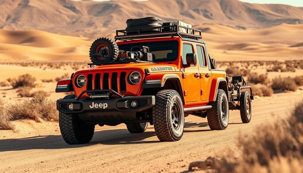 A rugged Jeep Gladiator Mojave, its bold orange exterior gleaming in the warm desert sun, towing a heavy-duty trailer loaded with off-road equipment. The scene is captured from a low angle, highlighting the Gladiator's muscular stance and impressive ground clearance. In the background, a vast expanse of sun-baked sand dunes and dry, scrubby vegetation create a desolate yet captivating landscape. The lighting is natural and directional, casting dramatic shadows that accentuate the Gladiator's bold design details. The overall mood conveys the Gladiator's formidable towing capacity and its ability to conquer even the most challenging off-road environments. A rugged Jeep Gladiator Mojave, its bold orange exterior gleaming in the warm desert sun, towing a heavy-duty trailer loaded with off-road equipment. The scene is captured from a low angle, highlighting the Gladiator's muscular stance and impressive ground clearance. In the background, a vast expanse of sun-baked sand dunes and dry, scrubby vegetation create a desolate yet captivating landscape. The lighting is natural and directional, casting dramatic shadows that accentuate the Gladiator's bold design details. The overall mood conveys the Gladiator's formidable towing capacity and its ability to conquer even the most challenging off-road environments.