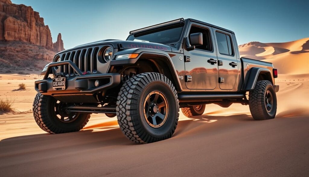 A rugged Jeep Gladiator Mojave off-road vehicle navigating through a vast desert landscape. The truck's beefy suspension, knobby off-road tires, and high ground clearance are prominently displayed, indicating its exceptional capabilities. Sunlight casts dramatic shadows, highlighting the Mojave's distinctive exterior features like the steel bumpers, flared fenders, and hood scoop. In the background, towering rock formations and rolling sand dunes create a dramatic, arid atmosphere. The camera angle is low, emphasizing the Gladiator's muscular presence and making the viewer feel immersed in the demanding off-road environment.