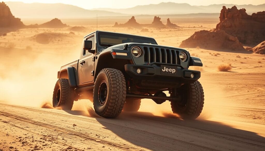 A rugged Jeep Gladiator navigates the sun-drenched Mojave Desert, its powerful chassis and off-road-ready suspension handling the challenging terrain with ease. The vehicle's bold, angular design casts dynamic shadows across the arid landscape, while its muscular fenders and knobby tires convey a sense of adventure and capability. Soft, warm lighting filters through the dusty air, creating a cinematic atmosphere that enhances the Gladiator's impressive performance capabilities. In the distance, towering rock formations and hazy, distant mountains frame the scene, suggesting the boundless exploration that awaits in this harsh yet captivating desert environment.