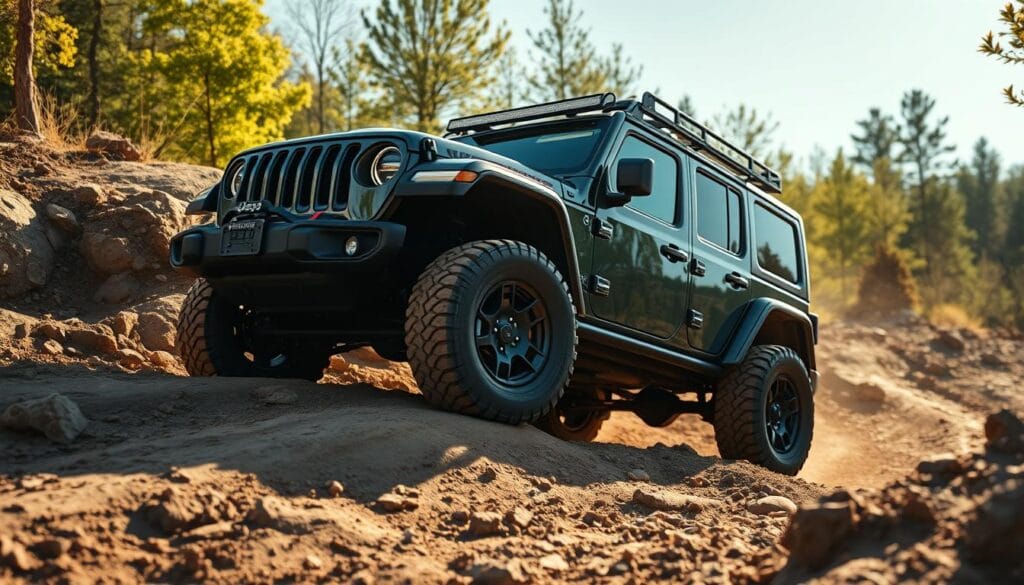 A rugged Jeep Recon EV navigating a challenging off-road trail, its electric motor whirring with power as it tackles rocky inclines and muddy terrain. The vehicle's sleek, aerodynamic design and beefy all-terrain tires provide superior traction and control, allowing it to confidently traverse the most demanding landscapes. The scene is illuminated by warm, directional lighting that casts dramatic shadows, highlighting the Recon's trail-rated features like skid plates, tow hooks, and reinforced suspension. In the background, a sun-dappled forest provides a lush, natural backdrop, emphasizing the Recon's ability to seamlessly integrate with the great outdoors.