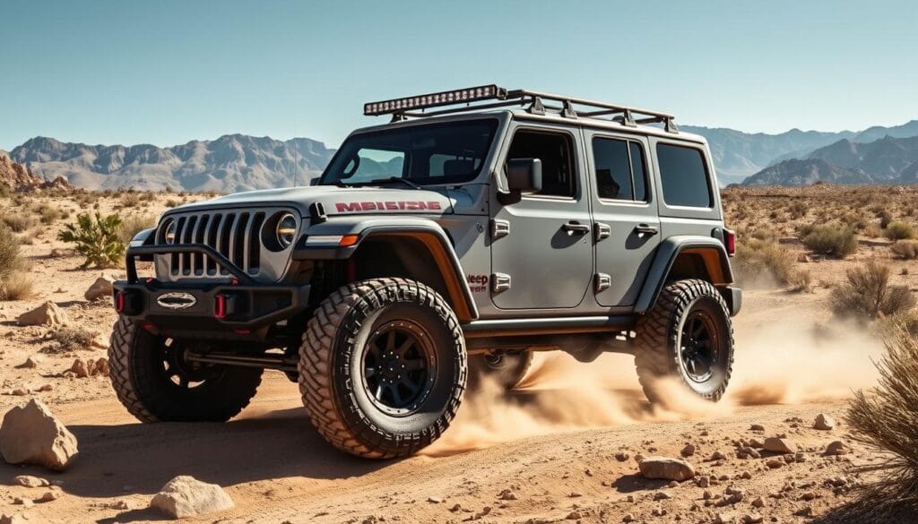 A rugged Jeep Recon SUV navigating a challenging off-road terrain, kicking up dust in a dramatic desert landscape. The vehicle's impressive ground clearance, all-terrain tires, and robust underbody skid plates are clearly visible as it tackles steep inclines, loose rocks, and deep ruts. Bright sunlight casts dramatic shadows, highlighting the Recon's muscular fenders and high-mounted LED lights. In the distant background, a rugged mountain range frames the scene, creating a sense of scale and adventure. The Recon's capabilities are on full display, ready to take on the most demanding off-road trails.