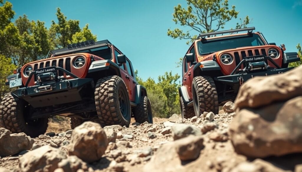 A rugged Jeep Recon off-road vehicle navigating a rocky, uneven terrain, its powerful frame and knobby tires providing stability and traction. In the foreground, the vehicle's advanced safety features are prominently displayed, including reinforced bumpers, protective skid plates, and high-intensity LED lights. The mid-ground showcases the Recon's impressive ground clearance and approach/departure angles, crucial for tackling steep inclines and obstacles. In the background, a backdrop of lush, verdant foliage and a clear, azure sky conveys a sense of adventure and the great outdoors. Captured through a wide-angle lens, the image conveys the Recon's capability, durability, and off-road prowess, while emphasizing its safety-focused design.