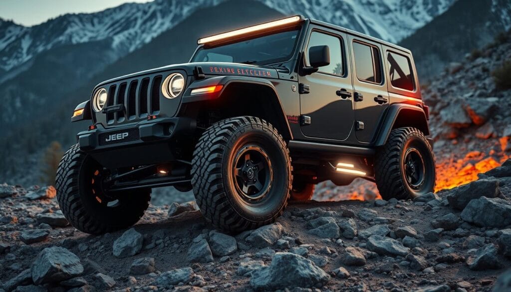 A rugged Jeep electric off-road vehicle navigates a challenging rocky terrain, its powerful electric motors effortlessly climbing over obstacles. The advanced chassis and suspension system provide exceptional articulation and control, allowing the vehicle to tackle steep inclines and uneven ground with ease. Bright LED headlights illuminate the path ahead, casting a warm glow on the surrounding environment. The vehicle's sleek, aerodynamic design is highlighted by dynamic lighting effects, conveying a sense of performance and capability. In the background, a stunning mountain landscape sets the scene, with dramatic shadows and highlights accentuating the vehicle's bold, distinctive styling.