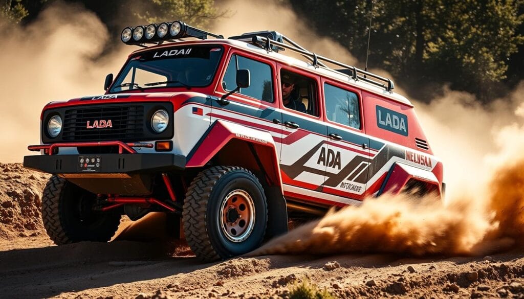 A rugged Lada Niva off-road vehicle clawing through a dusty rally stage, its muscular fenders flared, beefy all-terrain tires gripping the uneven terrain. The body adorned in a bold motorsport livery of vibrant red and white, accented by sharp black lines. A powerful turbocharged engine roars, powering the Niva's iconic boxy silhouette forward with purpose. Sunlight glints off the chrome trim and protective brush guards, casting dynamic shadows that accentuate the vehicle's purposeful design. The scene is bathed in a warm, golden glow, conveying the thrill and adventure of motorsport competition in the wilderness.