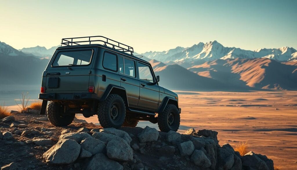 A rugged Lada Niva off-road vehicle, parked on a rocky outcrop overlooking a vast, mountainous landscape. The vehicle's boxy silhouette and large all-terrain tires hint at its impressive off-road capabilities. The scene is bathed in warm, golden light, casting long shadows and highlighting the Niva's powerful stance. In the background, snow-capped peaks rise against a clear, azure sky, conveying a sense of adventure and exploration. The camera angle is slightly elevated, giving a commanding view of the vehicle and its surroundings, emphasizing the Niva's performance and versatility in challenging terrain.