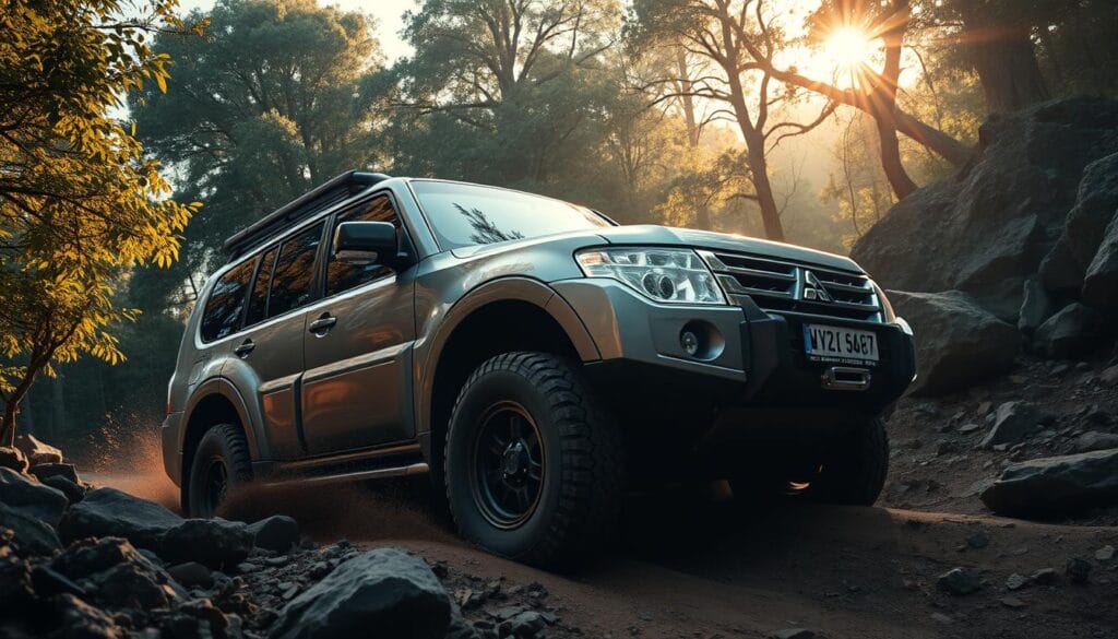 A rugged Mitsubishi Pajero SUV navigating a treacherous off-road terrain, captured in a cinematic wide-angle shot. The vehicle's powerful frame and high ground clearance are prominently featured, showcasing its impressive off-road capabilities. Thick forest foliage and rocky outcroppings form the detailed background, creating a sense of adventure and exploration. The lighting is dramatic, with warm golden hues filtering through the canopy, casting dramatic shadows and highlights across the Pajero's robust design. The composition emphasizes the Pajero's advanced safety features, including reinforced chassis, skid plates, and all-terrain tires, conveying a sense of confidence and preparedness for the extreme adventure ahead. A rugged Mitsubishi Pajero SUV navigating a treacherous off-road terrain, captured in a cinematic wide-angle shot. The vehicle's powerful frame and high ground clearance are prominently featured, showcasing its impressive off-road capabilities. Thick forest foliage and rocky outcroppings form the detailed background, creating a sense of adventure and exploration. The lighting is dramatic, with warm golden hues filtering through the canopy, casting dramatic shadows and highlights across the Pajero's robust design. The composition emphasizes the Pajero's advanced safety features, including reinforced chassis, skid plates, and all-terrain tires, conveying a sense of confidence and preparedness for the extreme adventure ahead.