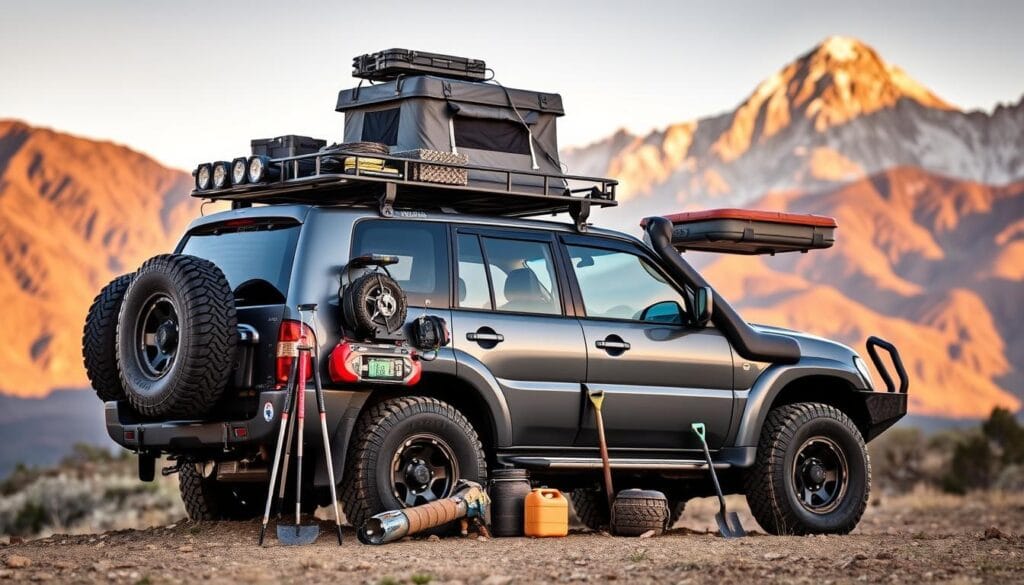 A rugged Mitsubishi Pajero SUV parked amidst a diverse array of off-road equipment and accessories. In the foreground, a sturdy roof rack supports a set of high-powered auxiliary lights, a compact rooftop tent, and a heavy-duty cargo box. Flanking the vehicle, a pair of large all-terrain tires and a winch system are ready for the toughest terrain. In the middle ground, a rooftop luggage carrier, a jerry can, and a shovel stand ready for adventurous expeditions. The background features a dramatic mountainous landscape bathed in warm golden light, evoking a sense of remote wilderness and the thrill of off-road exploration. A rugged Mitsubishi Pajero SUV parked amidst a diverse array of off-road equipment and accessories. In the foreground, a sturdy roof rack supports a set of high-powered auxiliary lights, a compact rooftop tent, and a heavy-duty cargo box. Flanking the vehicle, a pair of large all-terrain tires and a winch system are ready for the toughest terrain. In the middle ground, a rooftop luggage carrier, a jerry can, and a shovel stand ready for adventurous expeditions. The background features a dramatic mountainous landscape bathed in warm golden light, evoking a sense of remote wilderness and the thrill of off-road exploration.