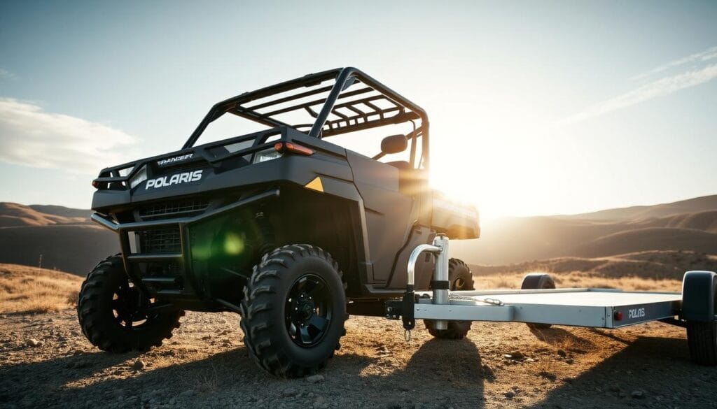 A rugged Polaris Ranger 1000 utility vehicle stands tall, its powerful frame hinting at its impressive towing capabilities. The sun casts long shadows, illuminating the intricate details of the Ranger's muscular design. In the foreground, a heavy-duty trailer is coupled to the vehicle's sturdy hitch, ready to haul heavy loads with ease. The scene is set against a backdrop of rolling hills and a cloudless sky, showcasing the Ranger's ability to conquer any terrain. The camera angle captures the Ranger's imposing presence, highlighting its off-road prowess and the confidence it inspires in its driver.