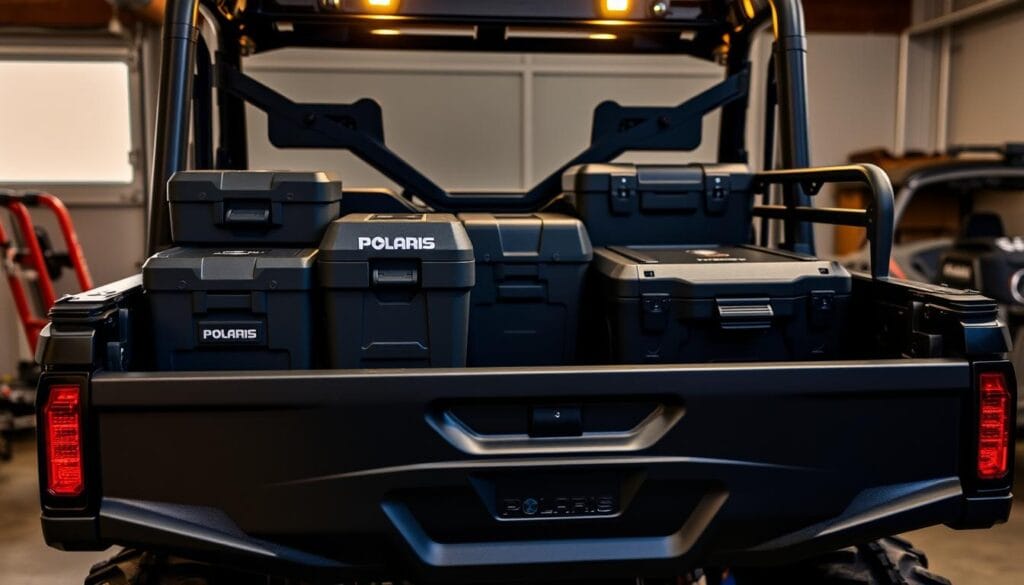 A rugged Polaris Ranger utility vehicle stands in a well-lit garage, its cargo bed outfitted with a variety of modular storage solutions. Sleek black tool boxes, adjustable tie-down hooks, and a heavy-duty cargo rack adorn the bed, showcasing the Ranger's impressive cargo management capabilities. The vehicle's powerful LED headlights illuminate the scene, casting a warm glow over the utilitarian accessories. The Ranger's bold, aggressive styling is complemented by the functional and versatile cargo management system, highlighting its off-road performance and utility.