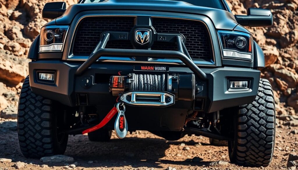 A rugged RAM 2500 Power Wagon parked in a rocky off-road environment, with the WARN Winch Recovery System prominently displayed on the front bumper. The winch is extended, ready for action, surrounded by a detailed, high-contrast composition that showcases the vehicle's powerful, utilitarian design. Dramatic lighting casts deep shadows, creating a sense of depth and three-dimensionality. The camera angle is low, emphasizing the Power Wagon's imposing presence and off-road capabilities. The background is a blend of textured, earthy tones that complement the vehicle's matte-black finish and chrome accents.