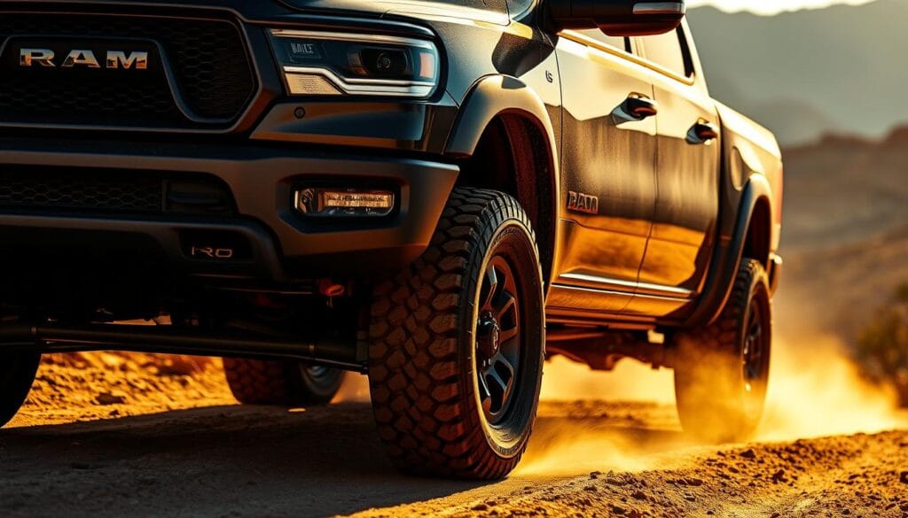 A rugged RAM Power Wagon on a dusty off-road trail, showcasing its advanced safety features. The truck is illuminated by warm, golden sunlight, casting dramatic shadows that highlight its muscular silhouette. In the foreground, the vehicle's front grille, equipped with cutting-edge collision avoidance sensors, dominates the scene. The mid-ground features the Power Wagon's raised suspension and all-terrain tires, ready to tackle the most challenging terrain. In the background, a vast, mountainous landscape creates a sense of scale and adventure. The overall atmosphere conveys the Power Wagon's exceptional safety, capability, and confidence-inspiring performance.