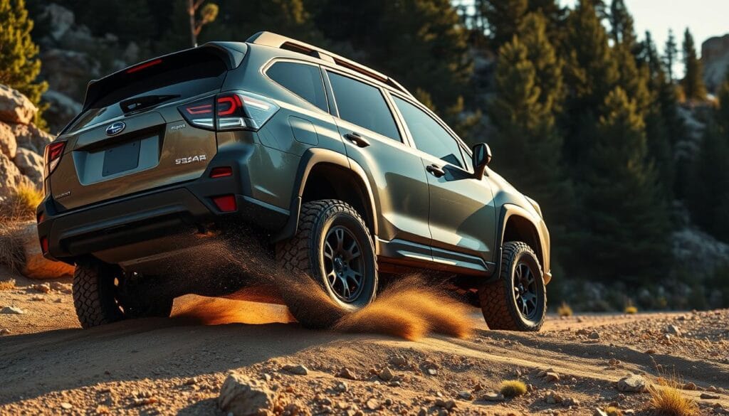 A rugged Subaru Forester Wilderness SUV navigating a challenging off-road trail, kicking up dirt and gravel. The vehicle's lifted suspension, knobby all-terrain tires, and skid plates provide impressive ground clearance and capability. The exterior is finished in a muted forest green color, complementing the natural environment. Soft directional lighting from the side casts dramatic shadows, highlighting the Forester's muscular fenders and chiseled body lines. In the background, lush evergreen trees and rocky outcroppings set the scene for an adventurous journey through the wilderness.