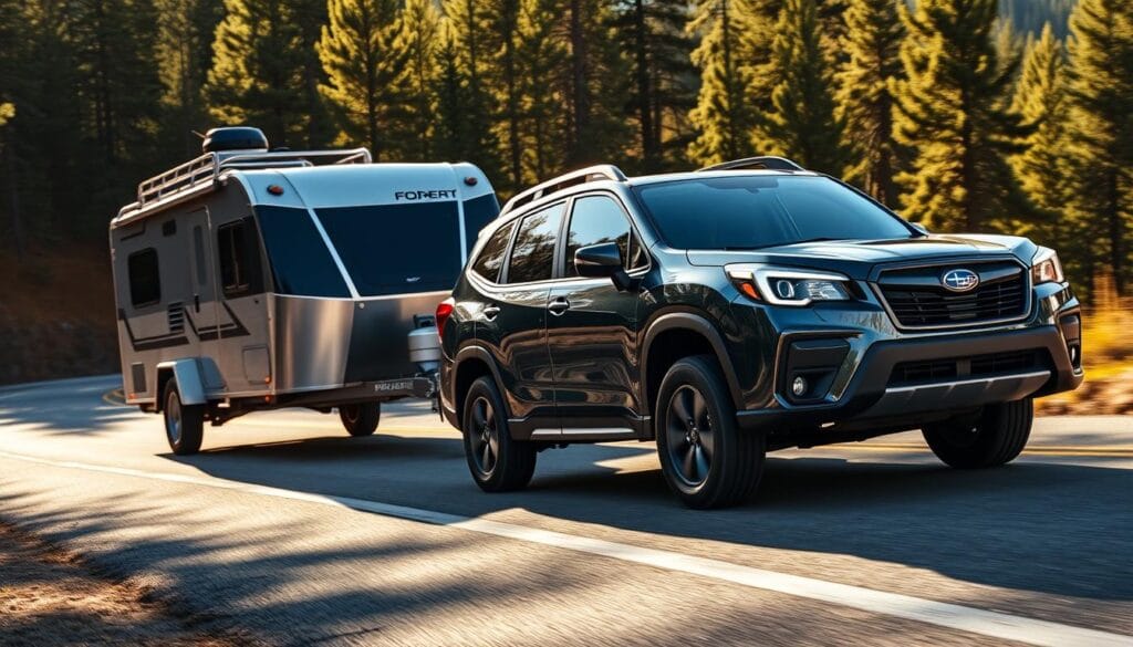 A rugged Subaru Forester Wilderness SUV towing a heavy-duty trailer on a winding mountain road. The car's bold exterior features prominent off-road tires, a lifted suspension, and protective body cladding. Warm sunlight filters through pine trees in the background, casting dynamic shadows across the scene. The towing setup appears sturdy and capable, ready to handle the demands of outdoor adventures. The image conveys the Forester's impressive towing abilities and versatility for tackling challenging terrain and hauling gear.