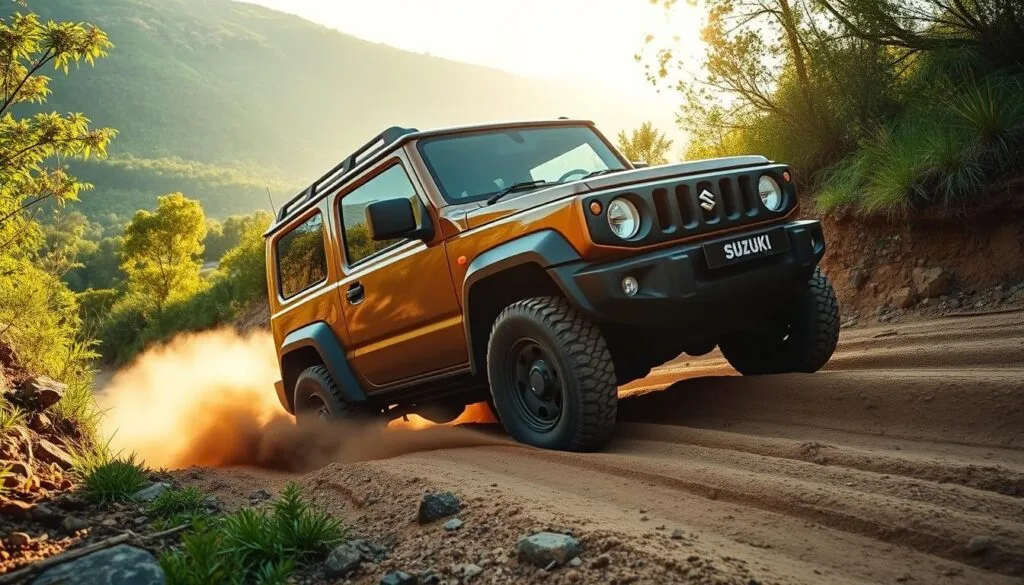A rugged Suzuki Jimny 4x4 navigating a challenging off-road terrain, kicking up dust as it conquers steep inclines and rocky obstacles. The compact SUV's boxy silhouette is illuminated by warm afternoon light, casting long shadows across the lush, verdant landscape. Its oversized all-terrain tires grip the uneven ground, demonstrating the Jimny's impressive off-road capabilities. The scene exudes an adventurous spirit, capturing the essence of the Jimny's go-anywhere versatility. A wide, low-angle perspective emphasizes the vehicle's sturdy, purposeful design, perfectly suited for tackling demanding outdoor environments.