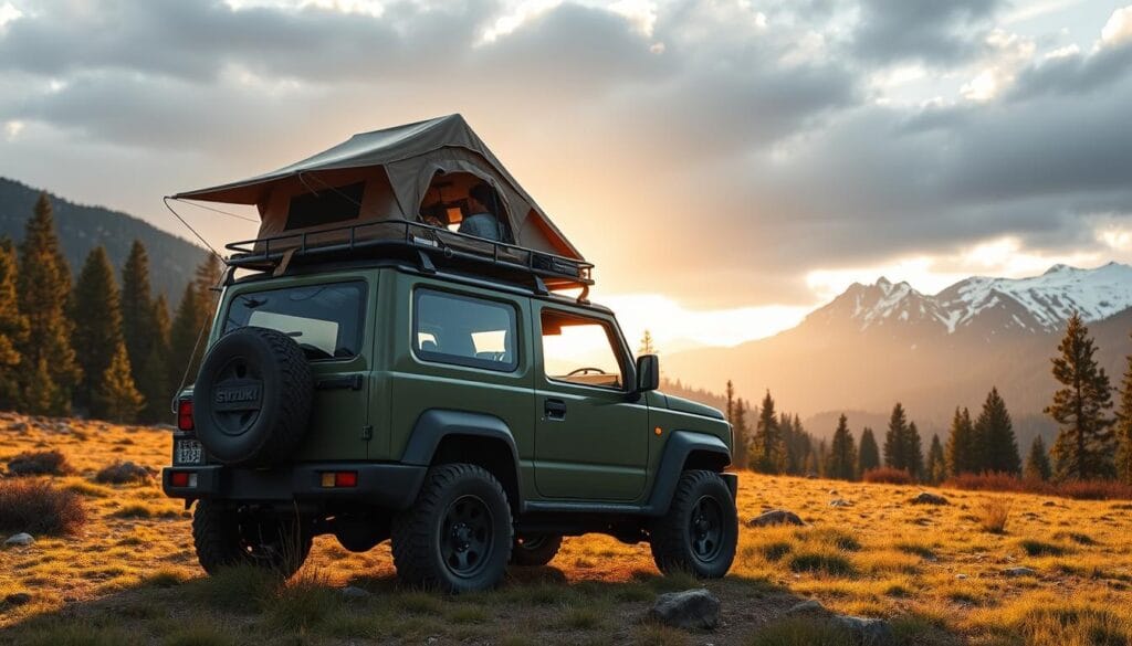 A rugged Suzuki Jimny off-road vehicle parked in a picturesque mountain meadow, surrounded by towering peaks and pine forests. In the foreground, a cozy rooftop tent is set up, its occupants enjoying the serene wilderness. Warm afternoon sunlight filters through the trees, casting a golden glow on the scene. The Jimny's knobby tires and lifted suspension suggest its capability to tackle the challenging terrain. In the middle ground, a well-stocked camp kitchen and outdoor gear evoke the self-sufficient adventure of overlanding. The distant background features dramatic, snow-capped mountains under a dramatic, moody sky, hinting at the wild landscapes the Jimny is ready to explore. A rugged Suzuki Jimny off-road vehicle parked in a picturesque mountain meadow, surrounded by towering peaks and pine forests. In the foreground, a cozy rooftop tent is set up, its occupants enjoying the serene wilderness. Warm afternoon sunlight filters through the trees, casting a golden glow on the scene. The Jimny's knobby tires and lifted suspension suggest its capability to tackle the challenging terrain. In the middle ground, a well-stocked camp kitchen and outdoor gear evoke the self-sufficient adventure of overlanding. The distant background features dramatic, snow-capped mountains under a dramatic, moody sky, hinting at the wild landscapes the Jimny is ready to explore.