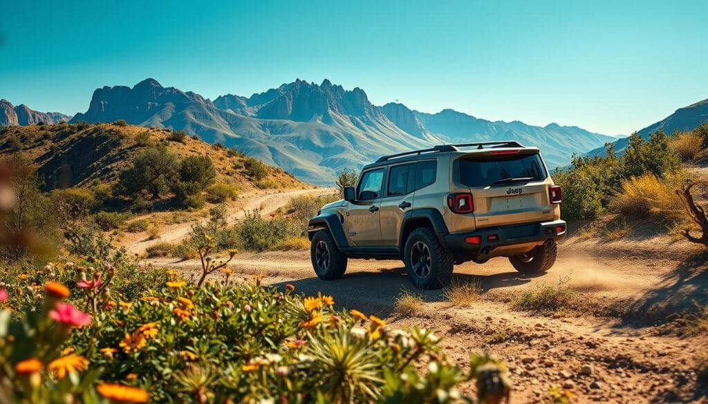 A rugged, all-electric Jeep Recon SUV navigating a lush, sustainable landscape. In the foreground, the Recon's sleek, angular body is accented by recycled materials and solar panels, hinting at its eco-friendly powertrain. The middle ground features a winding, off-road trail surrounded by verdant foliage and wildflowers, conveying a sense of adventure and environmental harmony. In the background, towering mountains and a clear, azure sky create a serene, pristine backdrop, illuminated by warm, natural lighting that casts dynamic shadows across the scene. The overall mood is one of responsible exploration, blending the Recon's sturdy, capable design with a commitment to sustainable mobility and environmental stewardship.