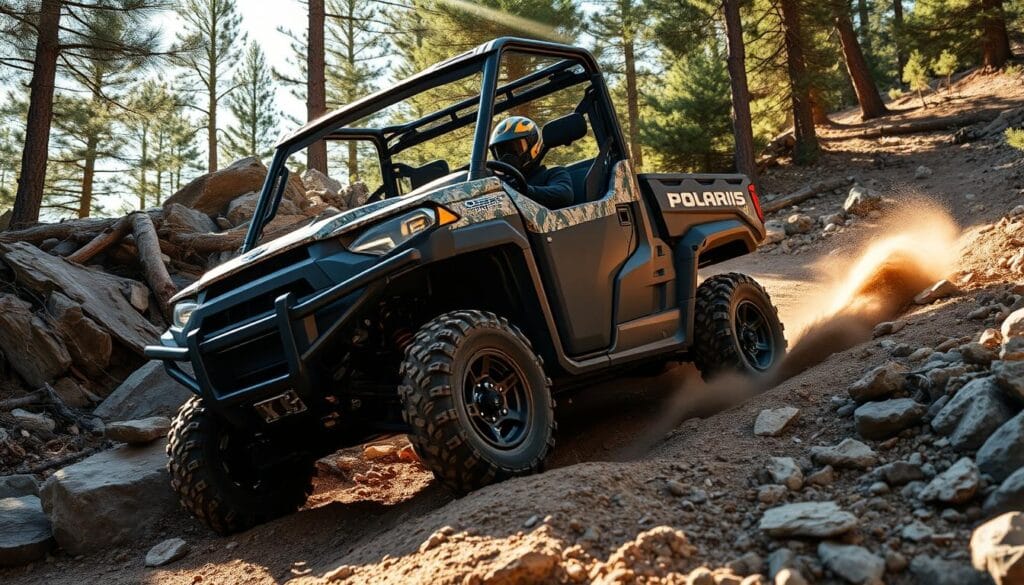 A rugged all-terrain Polaris Ranger XP 1000 off-road vehicle navigating a challenging rocky trail, its powerful engine roaring. The machine's sturdy frame clings to the uneven terrain, its knobby tires churning up dust as it climbs steep inclines. Sunlight filters through the surrounding pine trees, casting dramatic shadows across the vehicle's camouflage-patterned hood. The driver maintains complete control, steering with precision as the Ranger confidently tackles every obstacle. The atmosphere conveys a sense of adventure and the thrill of extreme off-road performance.