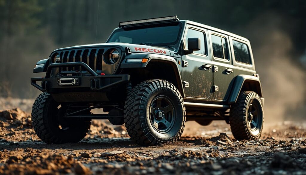 A rugged and capable Jeep Recon SUV stands tall in a muddy off-road setting. The exterior features a commanding presence, with a bold front grille, pronounced fender flares, and oversized all-terrain tires that appear ready to tackle the most challenging terrain. Diffused natural lighting casts dramatic shadows, accentuating the vehicle's muscular lines and sturdy construction. The Recon's elevated ground clearance and reinforced underbody protection suggest its readiness for extreme adventures. The overall design conveys a sense of adventure, power, and unwavering off-road prowess, perfectly suited for the most demanding outdoor excursions.