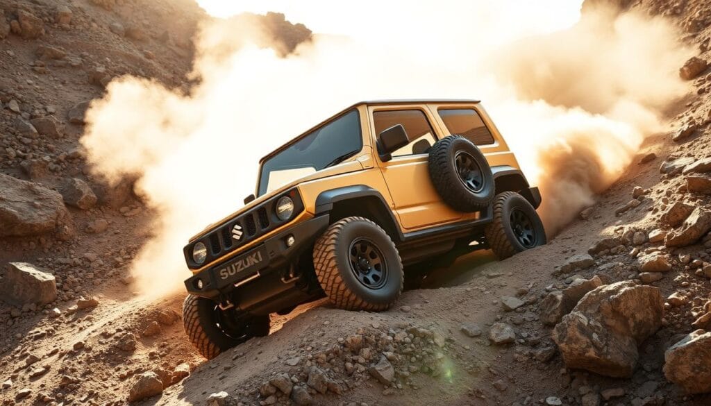 A rugged and capable Suzuki Jimny off-road vehicle navigating a challenging rocky terrain. The compact SUV's knobby tires grip the uneven surface as it easily traverses steep inclines and obstacles. Sunlight filters through the dust cloud, casting dramatic shadows and highlights across the Jimny's boxy silhouette. The vehicle's advanced 4WD system and high ground clearance enable it to maintain control and momentum through the demanding environment. A sense of adventure and exploration permeates the scene, capturing the Jimny's exceptional all-terrain performance.