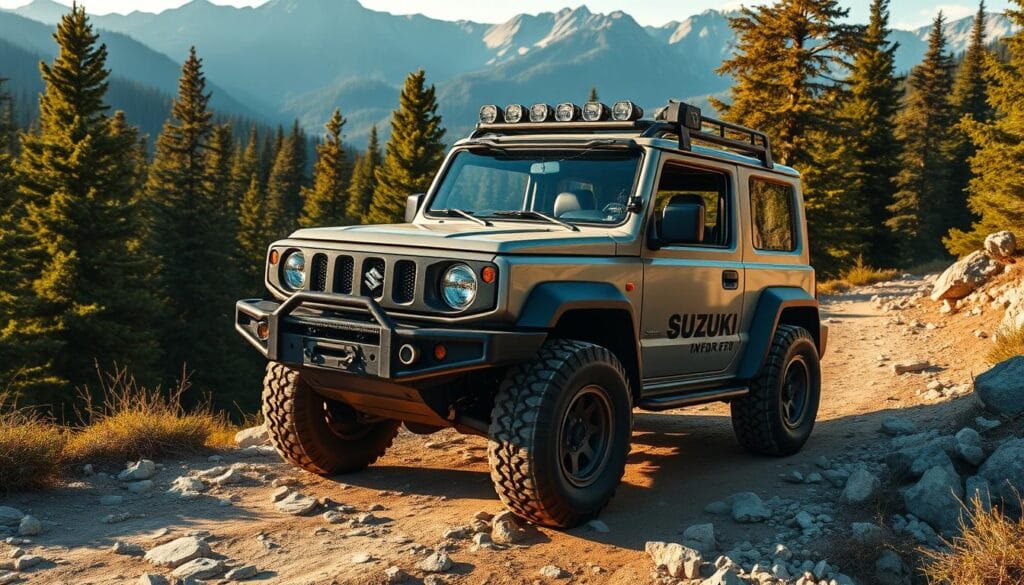 A rugged and customized Suzuki Jimny 4x4 off-road vehicle navigating a rocky mountain trail, surrounded by lush evergreen forests and towering peaks in the distance. The Jimny's exterior features a lifted suspension, knobby all-terrain tires, a sturdy brush guard, and additional lighting for enhanced visibility. The interior showcases ergonomic off-road accessories like a roll cage, specialized storage solutions, and a navigation system. The scene is bathed in warm, golden-hour lighting, casting dramatic shadows and highlighting the vehicle's adventurous spirit. The overall atmosphere conveys a sense of exploration, capability, and the thrill of conquering challenging terrain. A rugged and customized Suzuki Jimny 4x4 off-road vehicle navigating a rocky mountain trail, surrounded by lush evergreen forests and towering peaks in the distance. The Jimny's exterior features a lifted suspension, knobby all-terrain tires, a sturdy brush guard, and additional lighting for enhanced visibility. The interior showcases ergonomic off-road accessories like a roll cage, specialized storage solutions, and a navigation system. The scene is bathed in warm, golden-hour lighting, casting dramatic shadows and highlighting the vehicle's adventurous spirit. The overall atmosphere conveys a sense of exploration, capability, and the thrill of conquering challenging terrain.