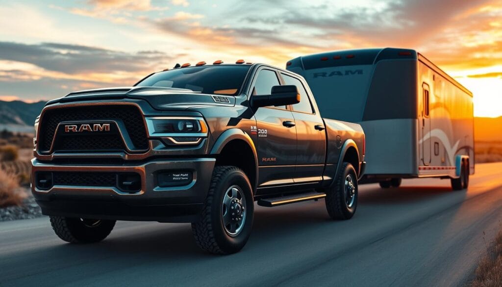 A rugged and powerful RAM 2500 Power Wagon, its imposing presence highlighted by the warm glow of a sunset. The truck is towing a sizable trailer, showcasing its impressive towing capabilities. Detailed textures on the truck's exterior convey the robust construction, while the trailer's subtle swaying motion suggests the effortless pulling power. The composition places the truck in the foreground, with a distant landscape of rolling hills and a vibrant sky in the background, creating a sense of scale and the truck's dominance in the scene. Crisp, high-resolution rendering with a focus on realism and technical accuracy.