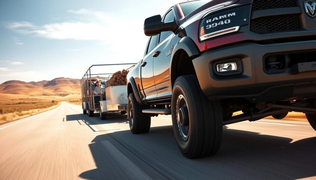 A rugged and powerful RAM 2500 Power Wagon towing a heavy-duty trailer on a wide, open highway. The truck's imposing grille and massive tires dominate the foreground, conveying its immense capabilities. The middle ground features the trailer, filled with cargo, emphasizing the truck's impressive towing capacity. In the background, a scenic landscape with rolling hills and a blue sky creates a sense of vast, open spaces. The lighting is natural and warm, casting dramatic shadows and highlights on the truck's muscular body. The camera angle is slightly elevated, providing a dynamic, authoritative perspective on the impressive towing performance of the RAM 2500 Power Wagon.