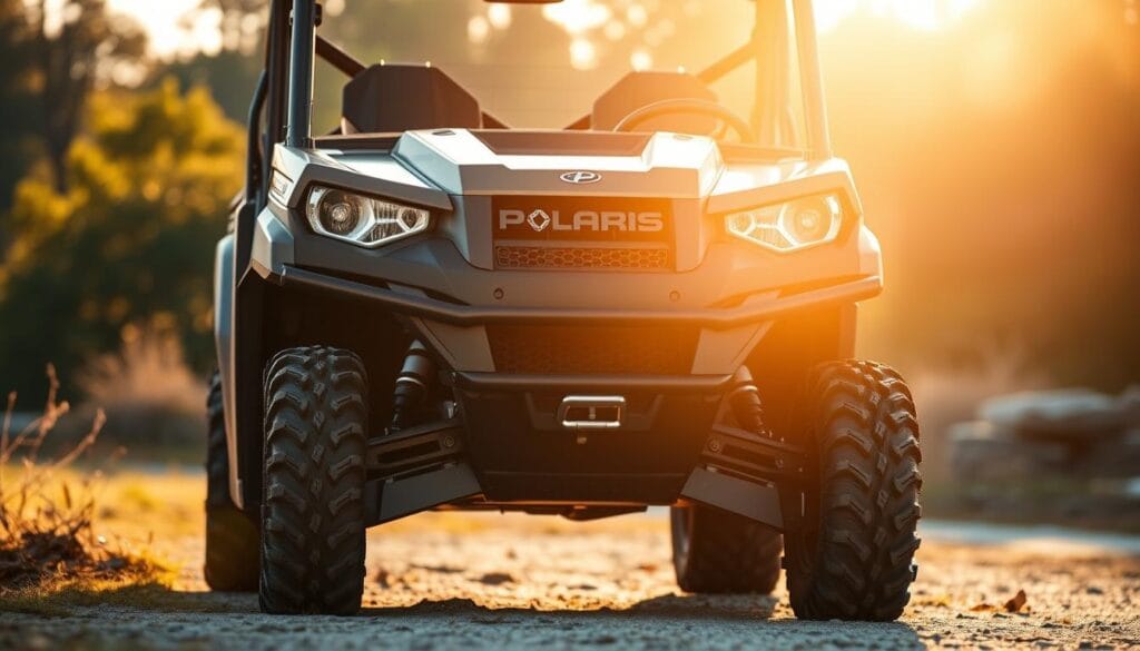 A rugged, heavy-duty Polaris Ranger utility vehicle stands firm in a sun-dappled outdoor setting. Crisp, high-resolution details showcase its robust, chiseled frame crafted from sturdy, impact-resistant materials. The vehicle's muscular profile is accentuated by prominent fenders, a prominent front grille, and knobby off-road tires that convey an unwavering sense of power and durability. Warm, golden sunlight bathes the scene, casting dramatic shadows that highlight the Ranger's substantial construction and rugged aesthetic. The overall impression is one of uncompromising strength, reliability, and readiness to tackle the most demanding outdoor terrain.