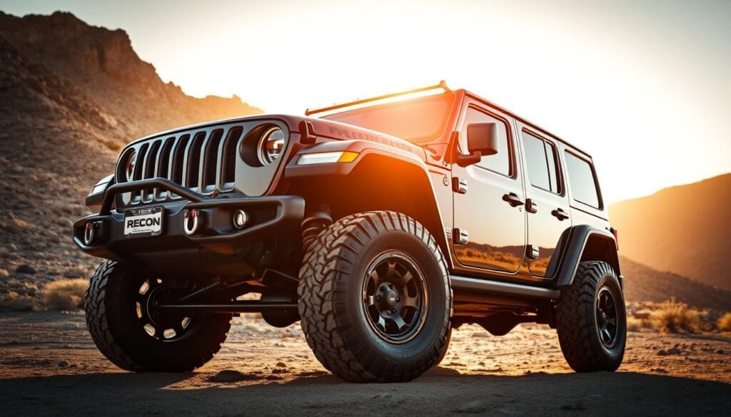 A rugged, off-road-ready Jeep Recon SUV stands in a dramatic outdoor setting, its muscular frame and angular design elements casting bold shadows under a warm, golden-hour sky. The front fascia features the iconic Jeep grille, flanked by sleek LED headlights and a sturdy front bumper with integrated tow hooks. Flared wheel arches accommodate large, knobby tires that appear ready to conquer any terrain. The side profile showcases the Recon's boxy silhouette, rugged side cladding, and prominent roof rails, hinting at its adventurous capabilities. In the background, a rocky, mountainous landscape provides a fitting backdrop, emphasizing the vehicle's rugged, go-anywhere appeal.