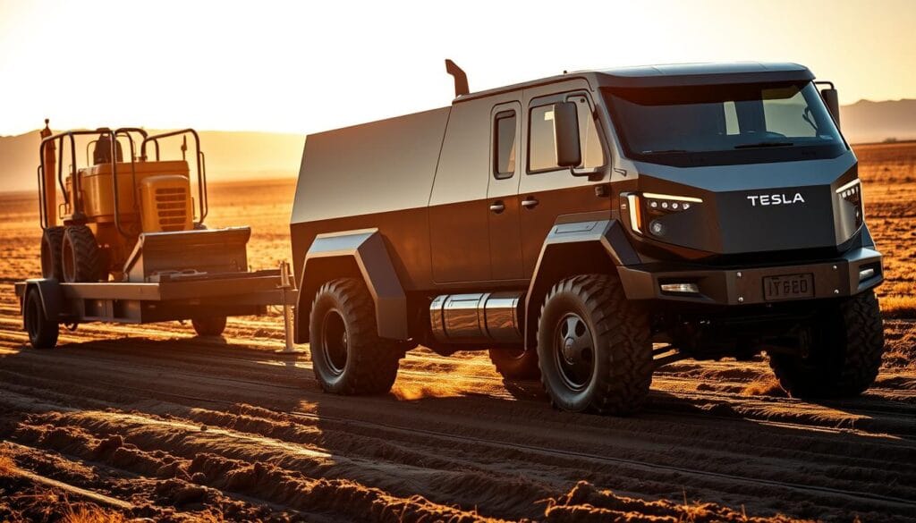 A rugged, steel-clad Tesla Cybertruck, its angular silhouette casting long shadows, struggles to tow a heavy trailer loaded with construction equipment. The truck's wheels dig into the muddy, uneven terrain, straining against the significant load. The scene is bathed in warm, golden-hour light, creating dramatic highlights and shadows that accentuate the Cybertruck's bold, industrial design. In the background, a remote, rural landscape stretches out, hinting at the real-world challenges of towing in demanding, off-road conditions. The overall atmosphere conveys the immense power and capability required to handle extreme towing tasks, while also suggesting the potential limitations and risks involved.