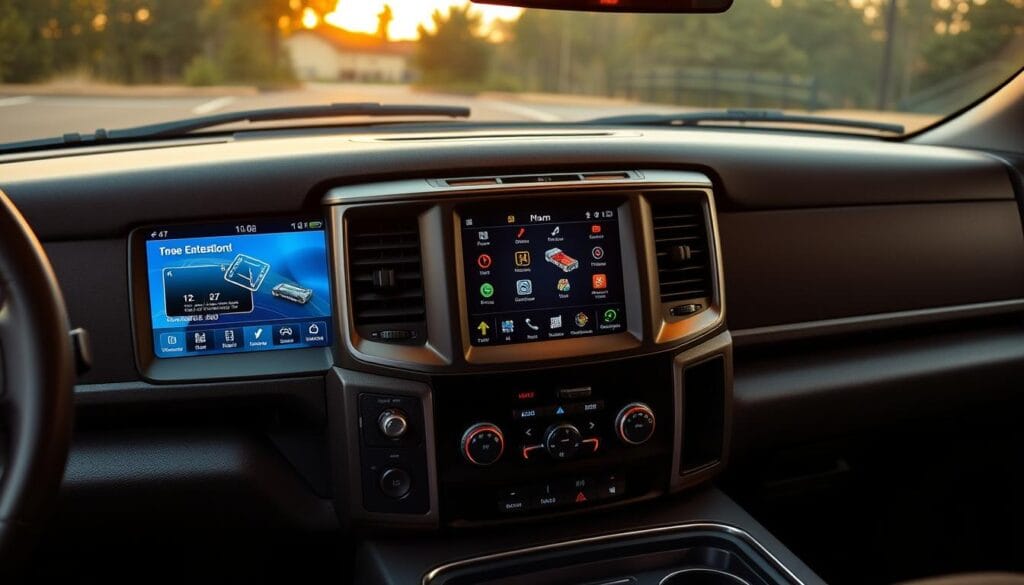 A rugged, well-crafted dashboard showcases a state-of-the-art RAM Power Wagon entertainment system. Sleek, high-resolution displays are flanked by intuitive controls, offering seamless integration of multimedia, navigation, and vehicle information. Warm, ambient lighting casts a inviting glow, while a premium audio system fills the cabin with rich, immersive sound. Sturdy metal accents and textured leather surfaces exude a sense of durability and sophistication, befitting the Power Wagon's adventurous spirit. The layout is thoughtfully designed for easy access and intuitive operation, providing the driver with comprehensive command of the vehicle's features.