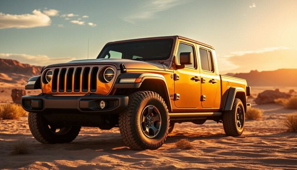 A shimmering Jeep Gladiator Mojave parked against a dramatic desert landscape, the sun casting warm, golden hues across its rugged exterior. In the foreground, the vehicle's chiseled silhouette and prominent grille command attention, complemented by its bold, off-road-ready accessories. The middle ground features a wide expanse of sandy dunes and weathered rock formations, hinting at the Mojave's adventurous capabilities. In the background, a vibrant, cloudless sky frames the scene, conveying a sense of freedom and boundless exploration. The image exudes a captivating balance of power, versatility, and the allure of open-road adventures, perfectly encapsulating the Jeep Gladiator Mojave's lease offers. A shimmering Jeep Gladiator Mojave parked against a dramatic desert landscape, the sun casting warm, golden hues across its rugged exterior. In the foreground, the vehicle's chiseled silhouette and prominent grille command attention, complemented by its bold, off-road-ready accessories. The middle ground features a wide expanse of sandy dunes and weathered rock formations, hinting at the Mojave's adventurous capabilities. In the background, a vibrant, cloudless sky frames the scene, conveying a sense of freedom and boundless exploration. The image exudes a captivating balance of power, versatility, and the allure of open-road adventures, perfectly encapsulating the Jeep Gladiator Mojave's lease offers.