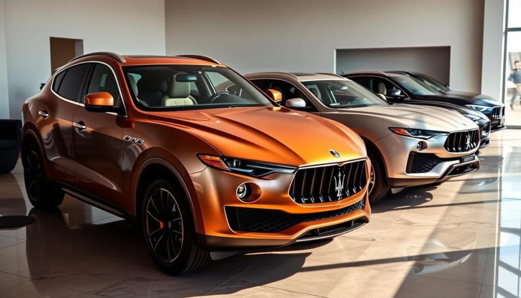 A showroom interior with pristine Maserati Levante SUVs in various trim levels prominently displayed. The foreground features a well-lit Levante in a sleek, metallic exterior color, its chiseled bodywork and iconic trident grille shimmering under warm lighting. The midground showcases other Levante variants, each showcasing distinct design cues, wheel styles, and interior appointments. In the background, a minimalist showroom setting with polished marble floors and neutral-toned walls allows the vehicles to take center stage. Dramatic shadows and highlights sculpt the forms, conveying a sense of power, refinement, and luxury that embodies the Maserati Levante lineup.