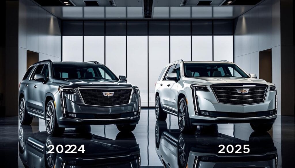 A side-by-side comparison of the 2024 and 2025 Cadillac Escalade models, showcased in a sleek, modern showroom setting. The new and previous year's Escalades are prominently displayed, their gleaming exteriors and luxurious interiors highlighted by dramatic lighting and reflections. The scene conveys a sense of sophistication and affluence, inviting the viewer to explore the subtle differences in pricing and features between the two model years. The composition frames the vehicles in a balanced, symmetrical layout, emphasizing the Escalade's iconic design and the customer's choice between the latest and previous generation.