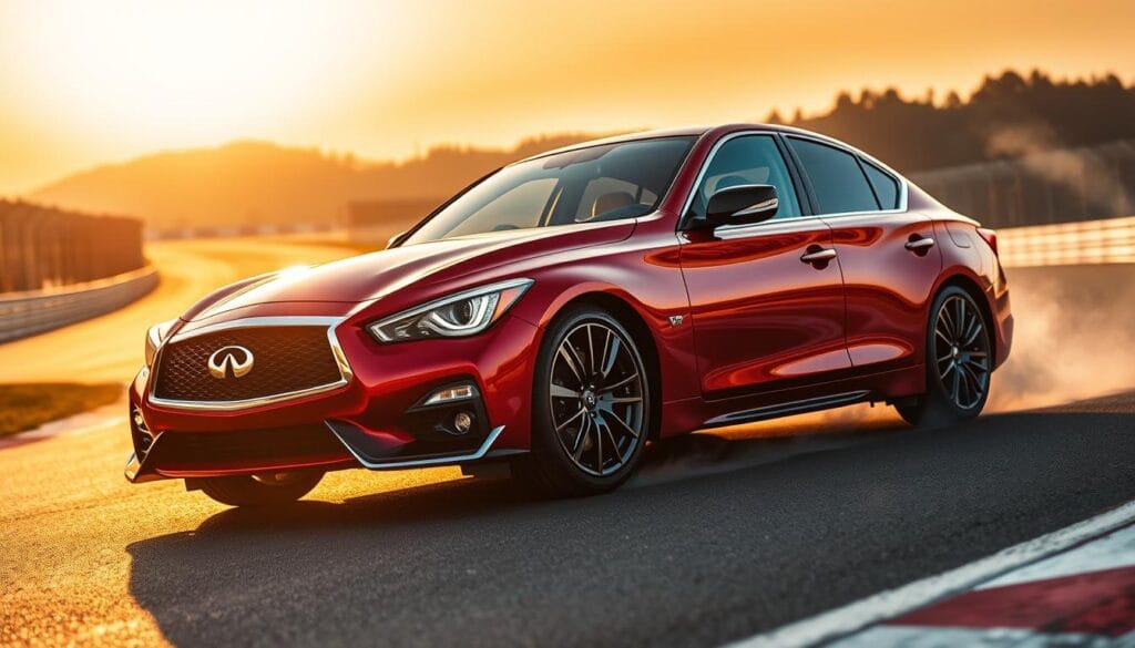 A sleek, Infiniti Q50 Red Sport rests on a professional racing circuit, its powerful lines and bold crimson hue gleaming under the warm, golden sunset. The car's muscular stance and aggressive aerodynamic features suggest immense performance capabilities. The camera captures the vehicle from a low, dynamic angle, emphasizing its road-hugging presence and the driver's exhilarating perspective. Wisps of tire smoke drift across the frame, hinting at the thrilling handling and acceleration that can be unleashed on the track. The scene exudes a sense of raw power, technological sophistication, and the pure joy of driving a high-performance sports sedan to its limits.