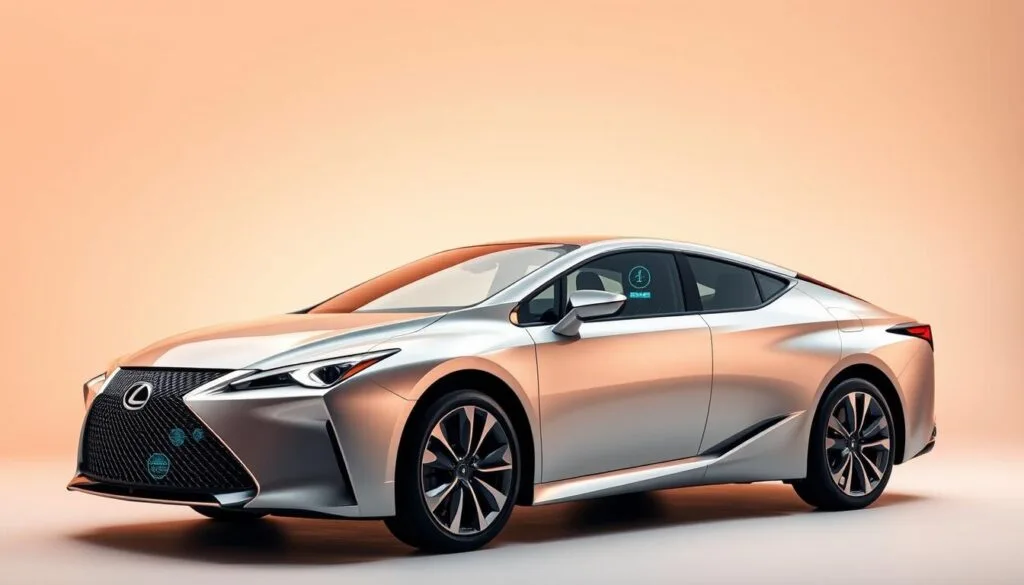 A sleek Lexus EV with advanced safety features prominently displayed on a clean, minimalist background. In the foreground, a detailed close-up showcases the cutting-edge sensors, cameras, and radar modules that power the vehicle's intelligent driver assistance systems. The middle ground reveals the elegant, aerodynamic body panels, conveying a sense of sophistication and technological prowess. The background is a serene, softly lit studio setting, allowing the EV's safety innovations to take center stage. Warm, diffused lighting casts a sense of confidence and reassurance, reflecting the brand's commitment to driver and passenger wellbeing. The overall composition emphasizes the Lexus EV's dedication to safety through seamless integration of state-of-the-art safety technologies.